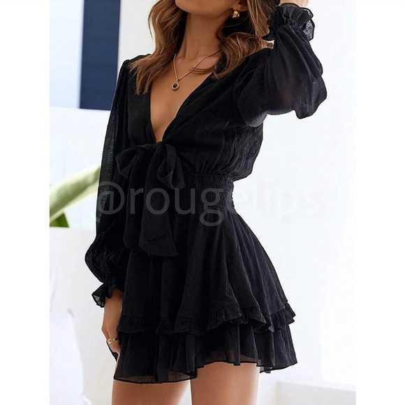 Black Boho Mini Dress Frill, Ruffle Hem Shirred Waist Fit & Flare - Picture 4 of 8
